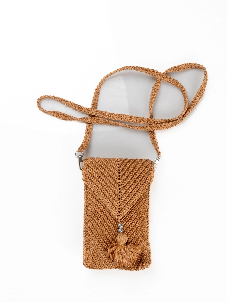 Açık Kahverengi Makrome Tığ İşi Zarf Telefon Çantası - Görsel 2
