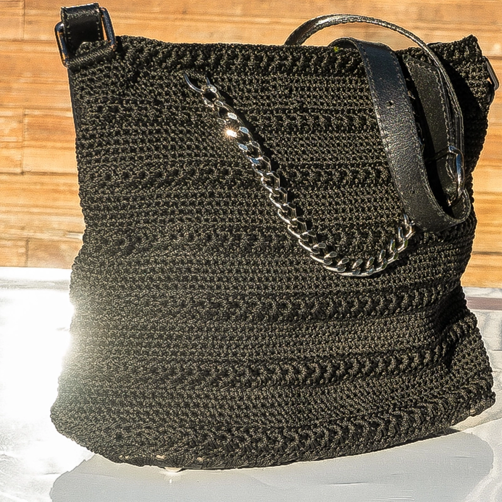 Astarlı makrome ipten zincir detaylı deri askılıklı kol çantası - Görsel 2