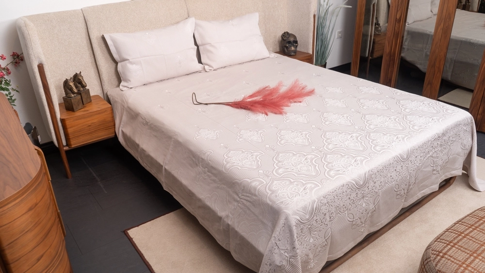 Çift Kişilik Krem Rengi Geometrik Desenli Pike