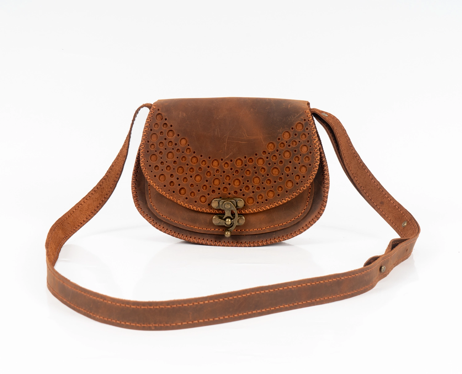 CRAZY BASKILI KOYU KAHVERENGİ HAKİKİ DERİ ÇAPRAZ ÇANTA