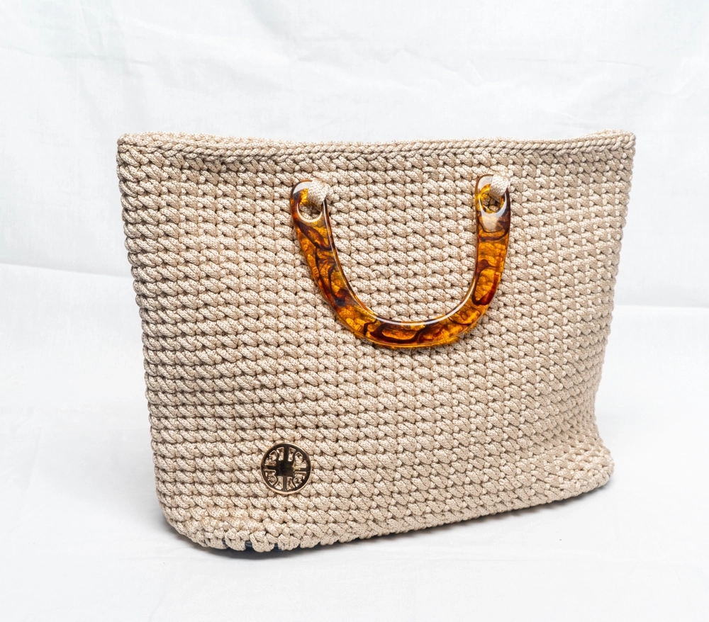 Deri tabanlı ahşap saplı makrome el çantası - Görsel 2