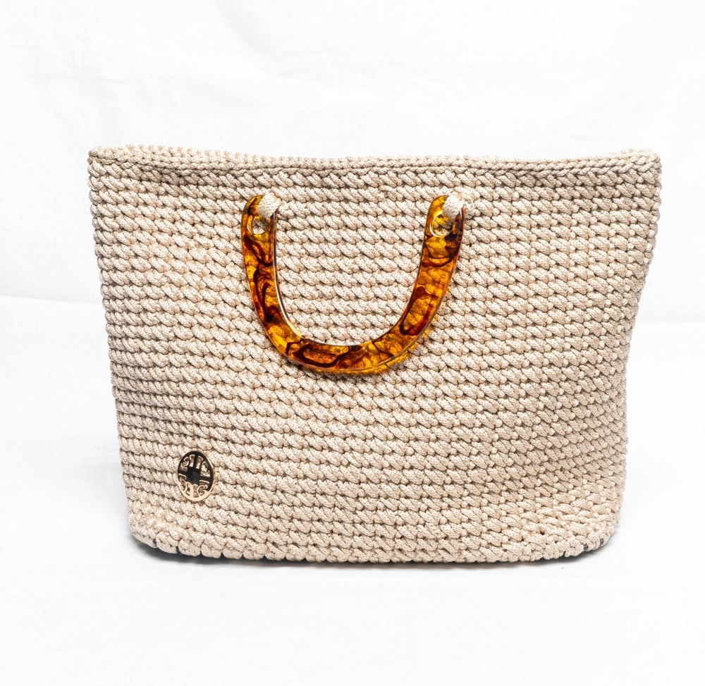 Deri tabanlı ahşap saplı makrome el çantası