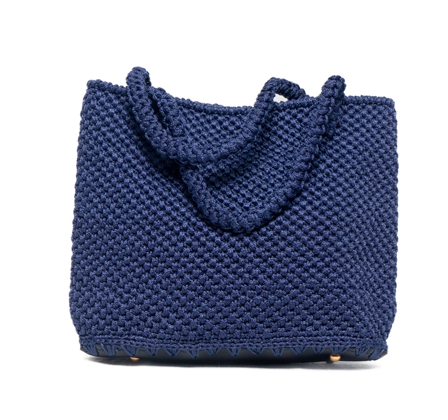 Deri Tabanlı Lacivert Makrome Tığ Örgü Çanta