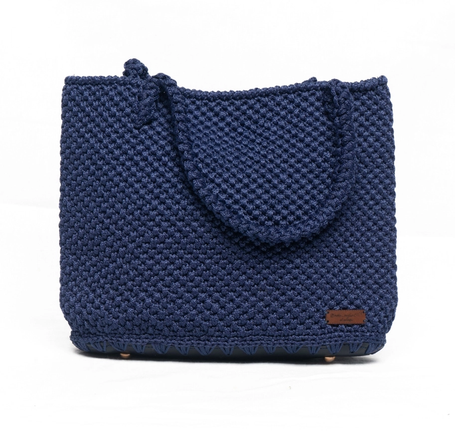 Deri Tabanlı Lacivert Makrome Tığ Örgü Çanta - Görsel 2