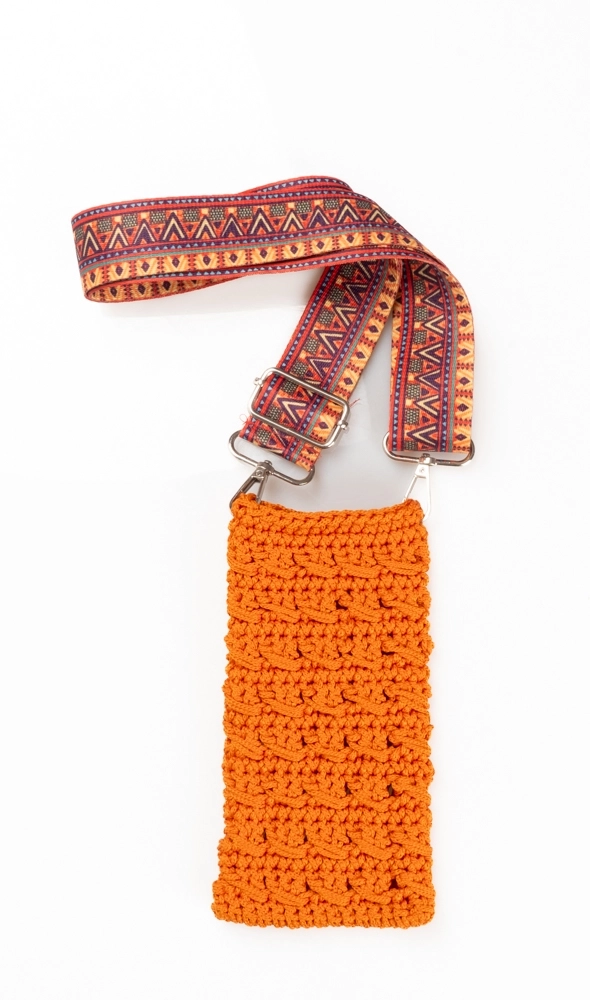 El Örgüsü Makrome Turuncu Renk Telefon Çantası