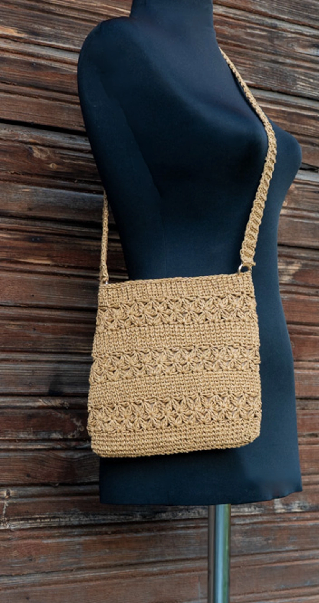 Hasır Rengi Kağıt İp Deri Kapaklı Çapraz Çanta - Görsel 2