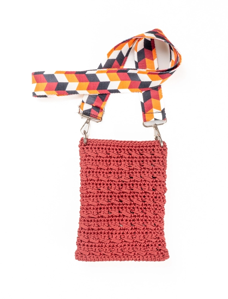 Kiremit Çapraz Tığ Örgü Makrome Telefon Çantası