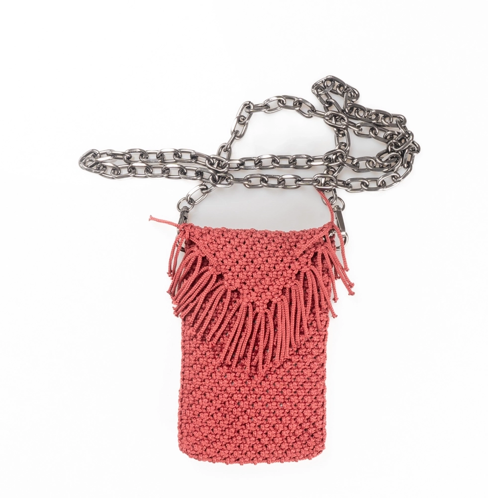 Kiremit Rengi Makrome Telefon Çantası