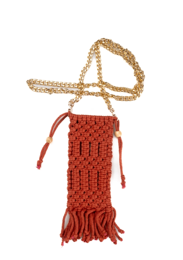 Kiremit Rengi Zincir Saplı Makrome Telefon Çantası