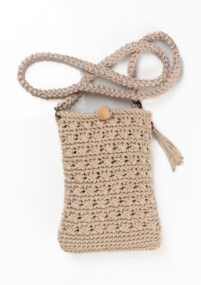 Krem Tığ Örgü Makrome Telefon Çantası
