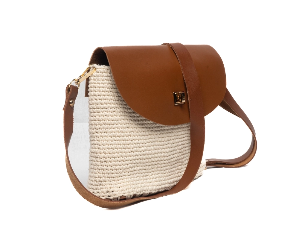 Makrome Krem Rengi Deri Kapaklı Çanta - Görsel 3