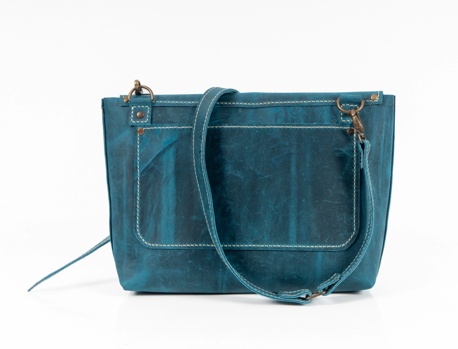 MAVİ HAKİKİ DERİ HEM ELDE TUTMA YERİ OLAN HEMDE UZUN ÇAPRAZ ASKILI TABLET ÇANTASI - Görsel 4