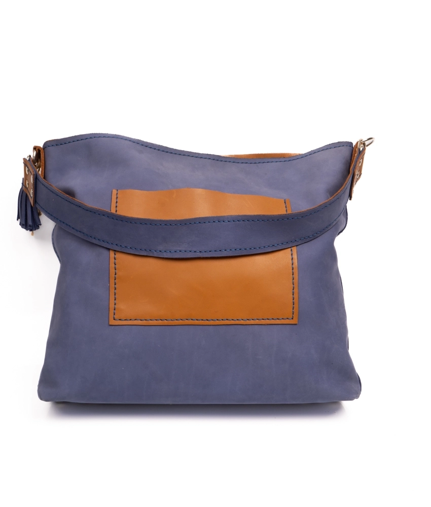 Mavi ve Taba Renkli Dana Derisinden El Yapımı Omuz Çantası