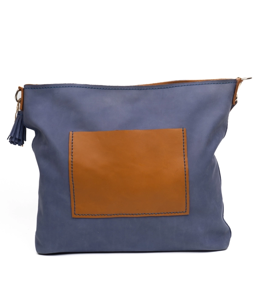 Mavi ve Taba Renkli Dana Derisinden El Yapımı Omuz Çantası - Görsel 3