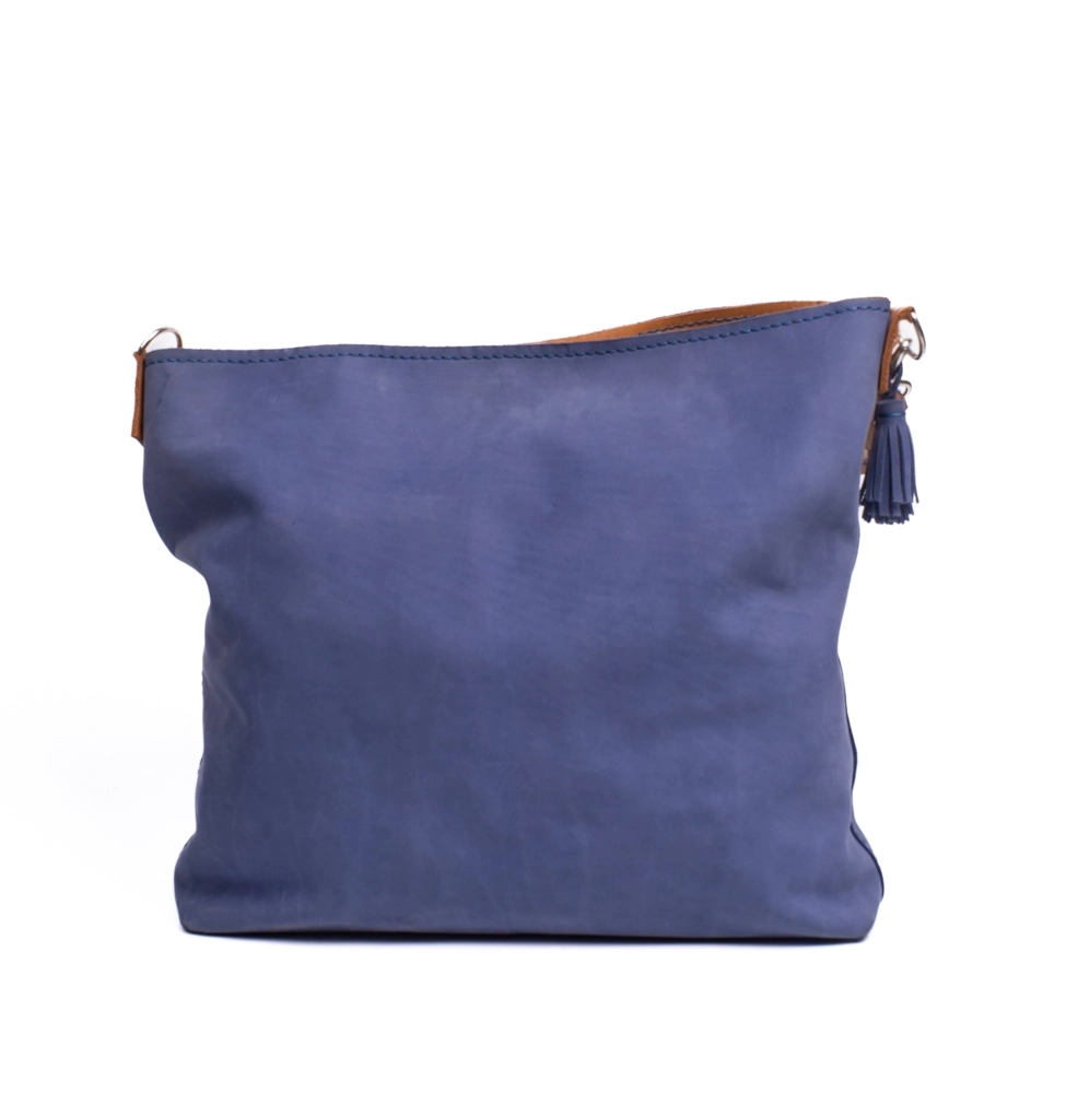 Mavi ve Taba Renkli Dana Derisinden El Yapımı Omuz Çantası - Görsel 2