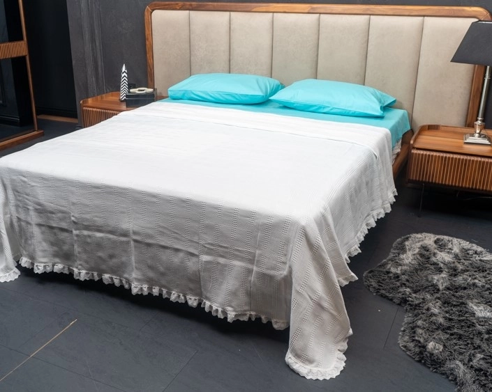 Pamuklu Çift Kişilik Fistolu Beyaz Yatak Örtüsü Turkuaz Çarşaf Yastık - Görsel 4