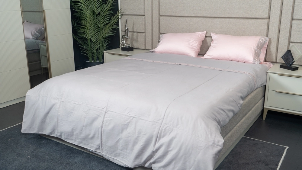 pamuklu pembe dantelli gri pamuk saten nevresim takımı