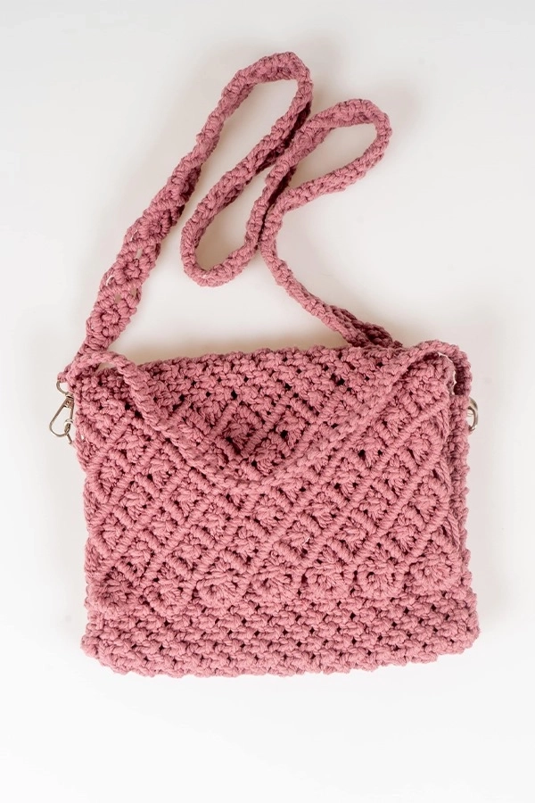 Pembe Makrome El Örgüsü Çapraz Çanta