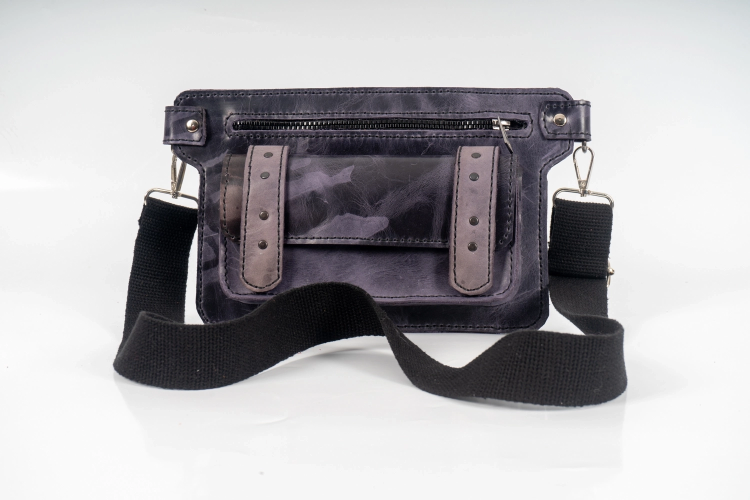 SİYAH-GRİ KAMUFLAJ DESENLİ HAKİKİ DERİ BEL ÇANTASI