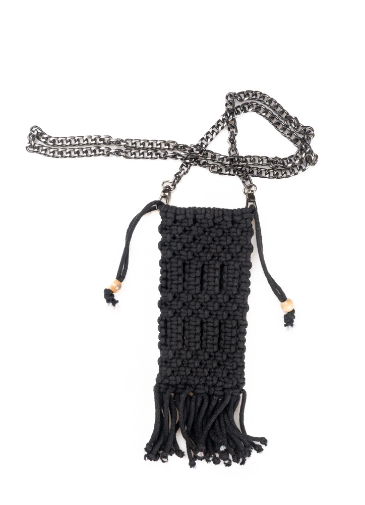 Siyah Zincir Saplı Makrome Telefon Çantası