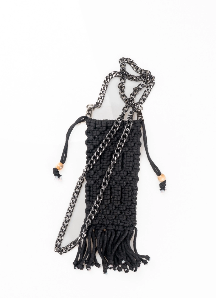 Siyah Zincir Saplı Makrome Telefon Çantası - Görsel 2