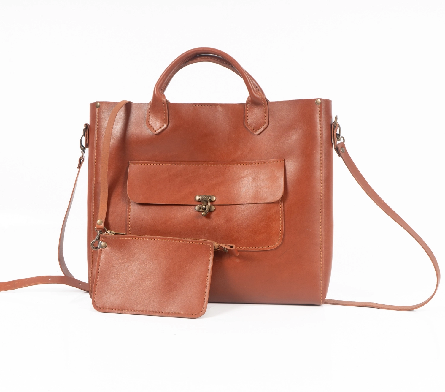 TABA RENK DOĞAL DANA DERİSİNDEN ÖNÜ KAPAKLI CEPLİ OMUZ ÇANTASI - Görsel 5