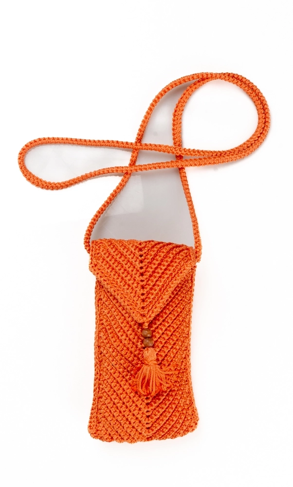 Turuncu Makrome Örgü Saplı Zarf Telefon Çantası